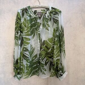 Chicos Top Womens Size 3 (XL) Sheer Palm Leaf Button Up Blouse Tropical Beach